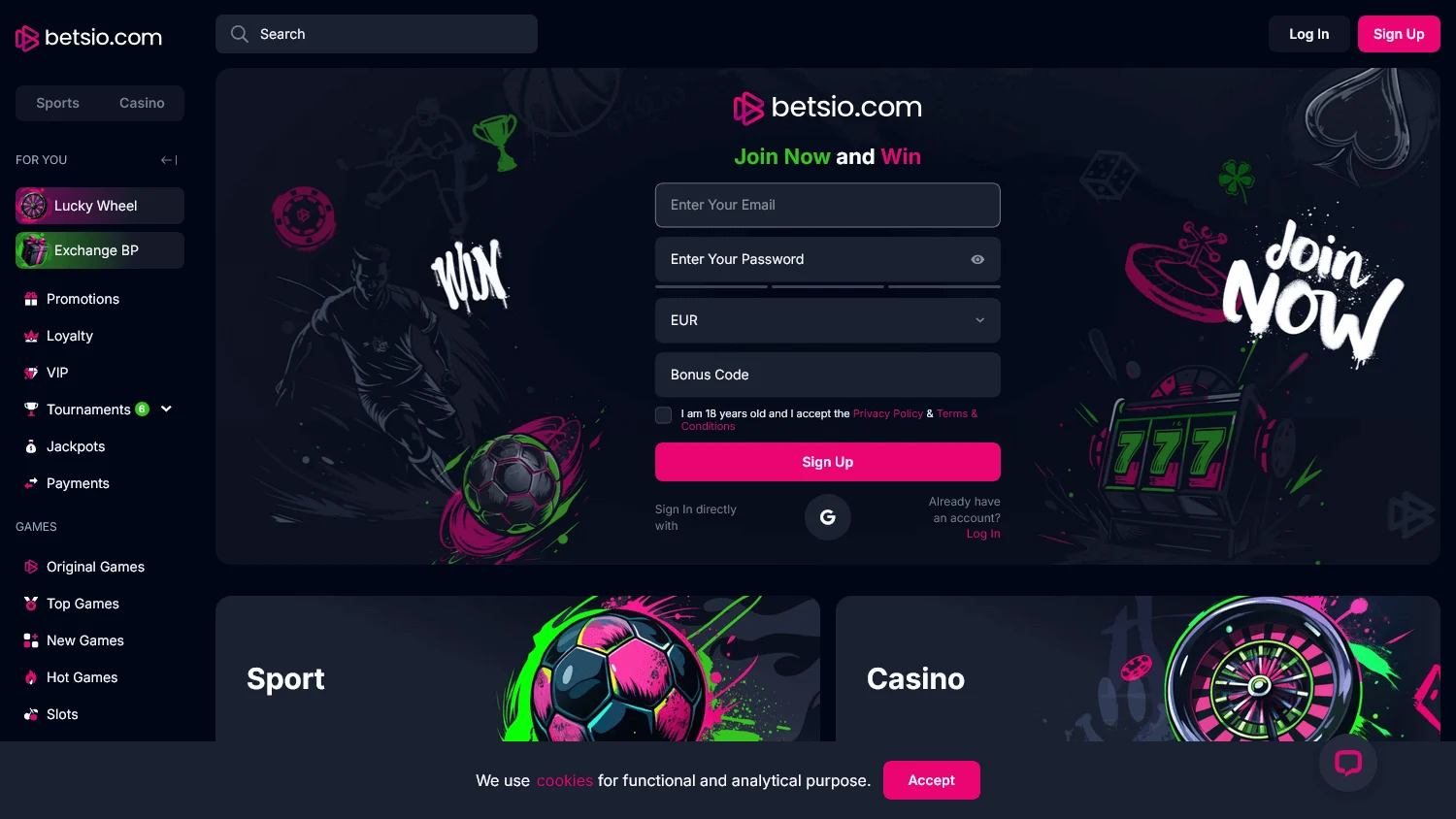 Betsio Casino desktop home with casino, live games and sports options