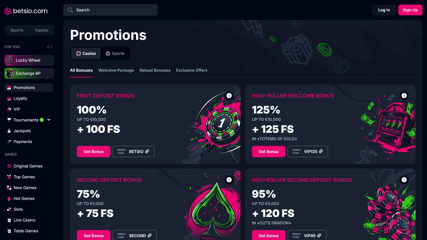 Betsio Casino desktop promotions area with deposit rewards and tournament offers