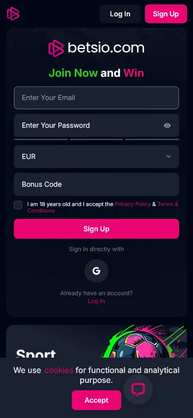 Betsio Casino mobile home with touch-friendly casino browsing