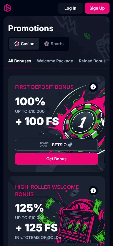 Betsio Casino mobile promotions area with rewards and promotional information